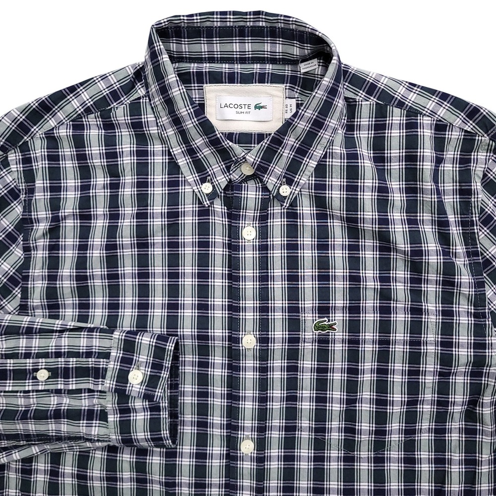 Lacoste Mens M 40 Slim Fit Green Blue Plaid Oxford Button Down Croc Logo - Picture 1 of 11